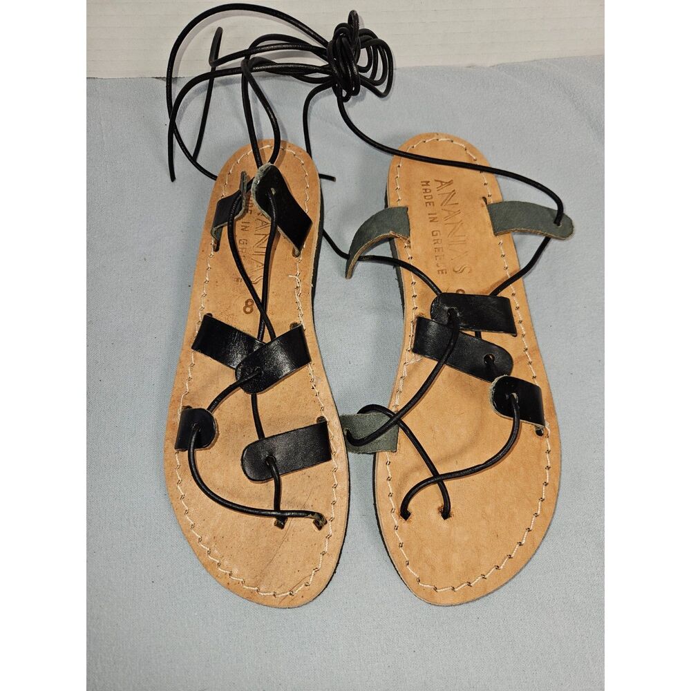 Ananias Made in Greece Leather Lace Up Gladiator Sandals Size 7 Black New